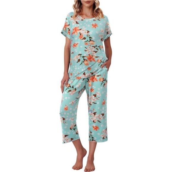 Capri Pajamas Short Sleeve Cotton Pajama Set Women's Floral Capri